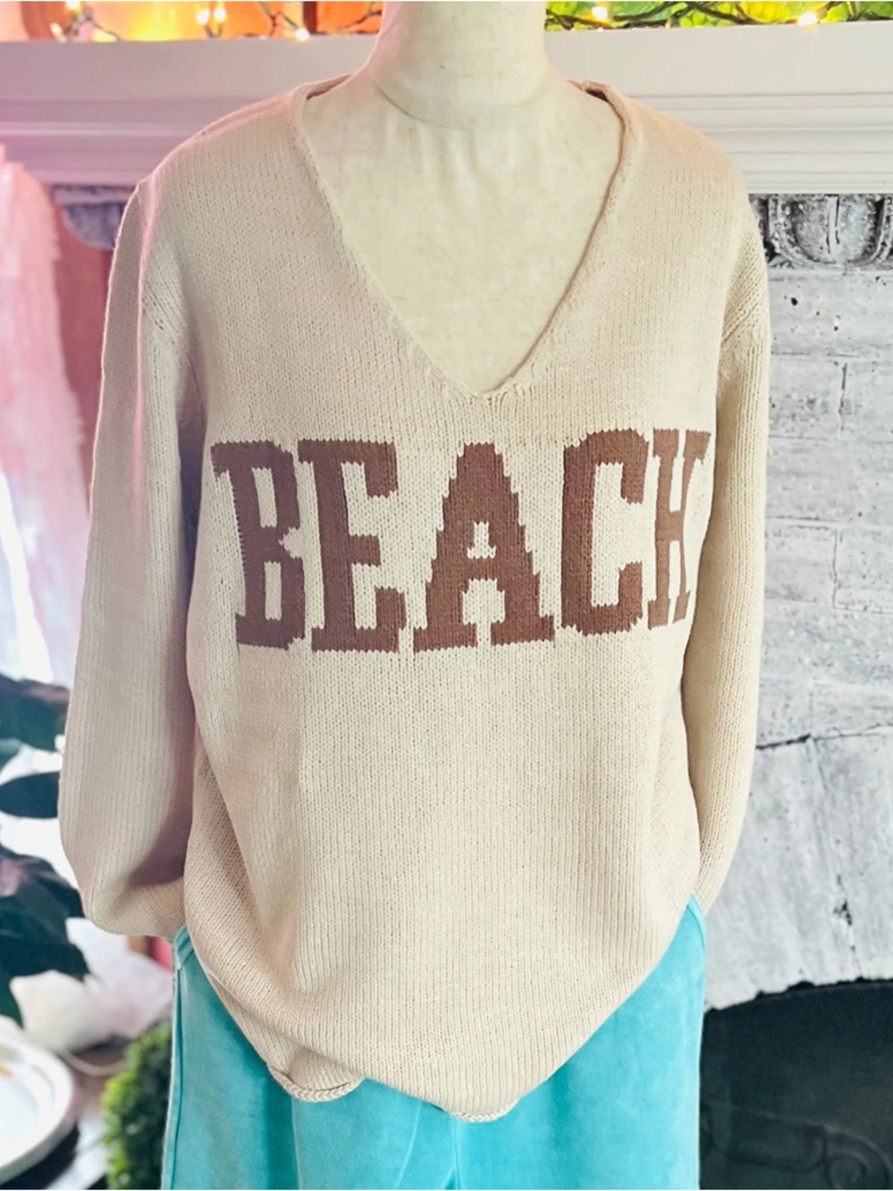 Zenana Outfitters Cream V-Neck Sweater with Brown 'BEACH' Text